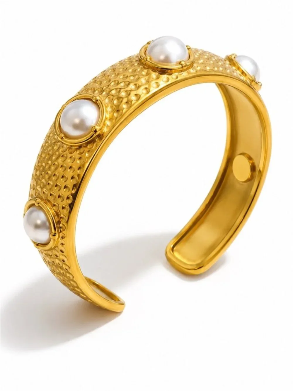 Gold plated Pearl-Accent Hammered Cuff Bracelet